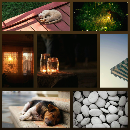 Firefly moodboard: fireflies, candles in jars, a striped awning, smooth round pebbles, a sleeping cat and a sleeping dog