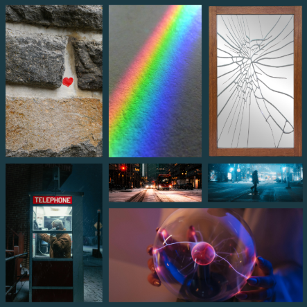 Harry moodboard: a heart drawn between bricks in a wall, a plasma ball, a man in a public phone booth, various city scenes