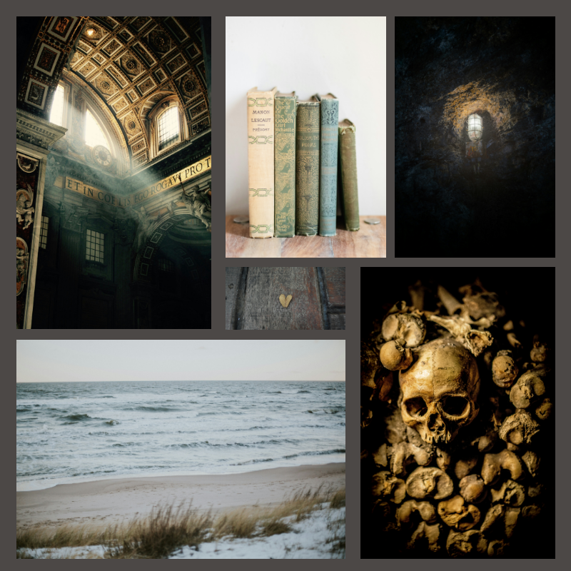 iris moodboard: a skull in a catacomb, light shining through old stone windows, old books, a tiny gold heart, a beach in winter