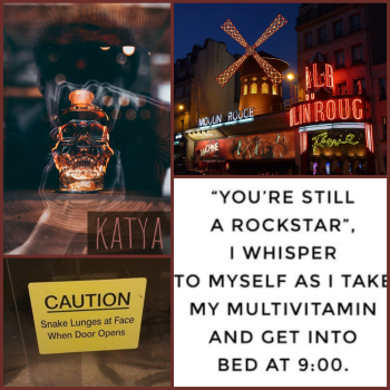 katya moodboard: the moulin rouge, a bottle shaped like a skull, a snake tank with -caution, snake lunges at face when door opens- on it, text -you're still a rockstar, i whisper to myself as i take my multivitamin and get into bed at 9pm-