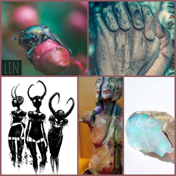 lin moodboard: a scarab beetle on a flower, a sculpture of clasped hands, a drawing of three shadowy horned women, a sculpture of a woman's face and body splitting open, a fragment of milk opal