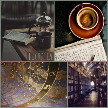 Lucretia moodboard: notebooks, a star chart, a library, coffee