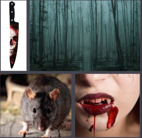 Rat moodboard: knives, blood, a rat and a swamp. It's really fucking gothy.